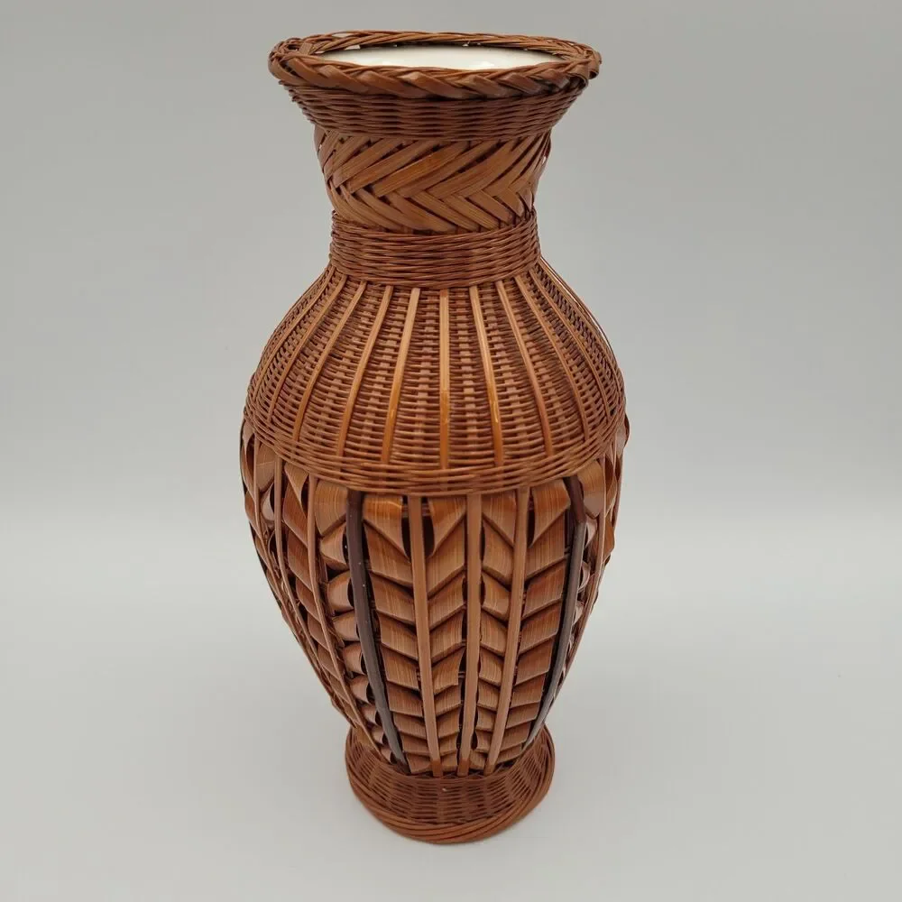 Vintage Hand Woven Bamboo Rattan Bud Vase Ceramic Insert 8.5”H Cottage Boho